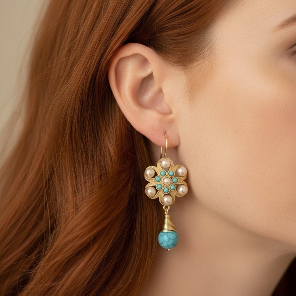 Turquoise Pearl Earrings Flower Museum Queen Court Tudor Gold CZ VTG Art Nouveau